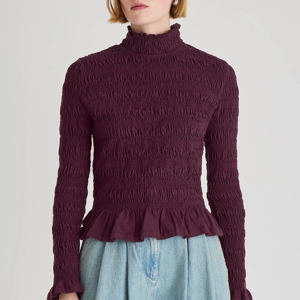 Merlette‎ Kantor Smocked Peplum Top Women’s Size Large Figue Plum Cotton NWT